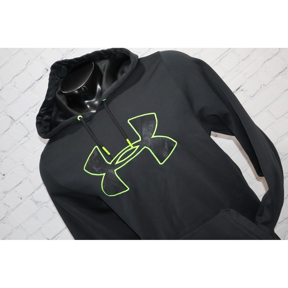 Under Armour Hoodie Mens Large Black Neon Green Logo Pullover Sweatshirt